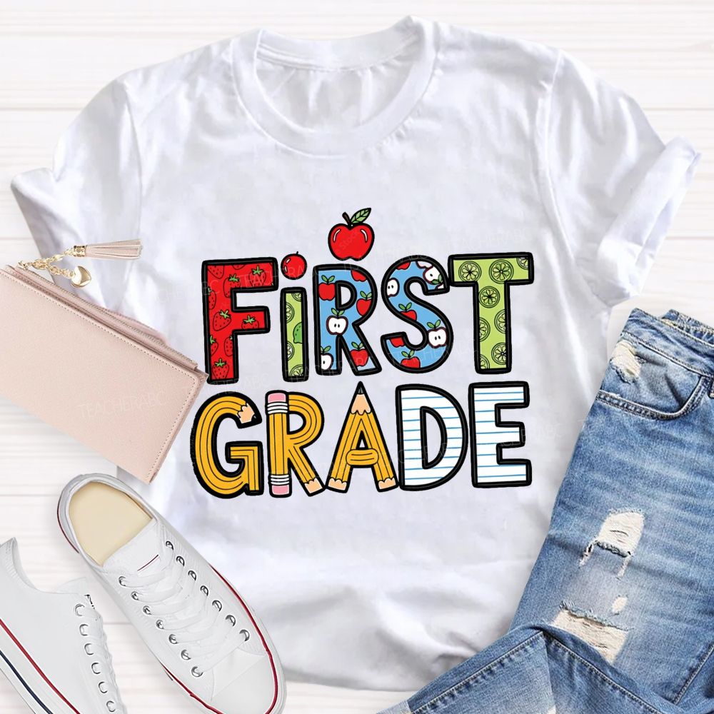 Personalized Grade Strawberry Pencil Apple Back To School Teacher T-Shirt
