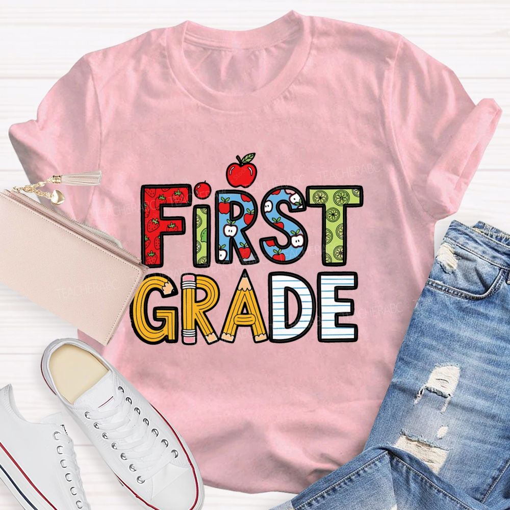 Personalized Grade Strawberry Pencil Apple Back To School Teacher T-Shirt