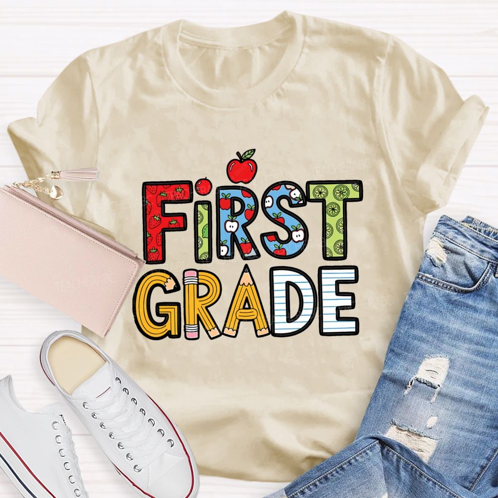 Personalized Grade Strawberry Pencil Apple Back To School Teacher T-Shirt