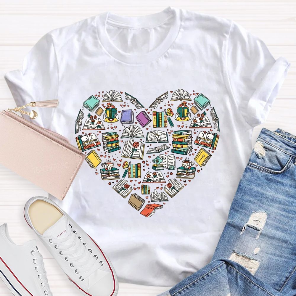 Book Heart Book Lover Reading Cat Coffee Librarian Teacher T-shirt