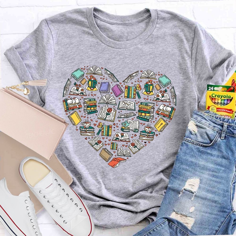 Book Heart Book Lover Reading Cat Coffee Librarian Teacher T-shirt