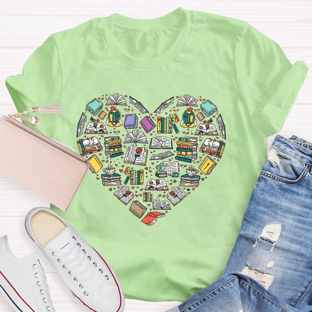 Book Heart Book Lover Reading Cat Coffee Librarian Teacher T-shirt