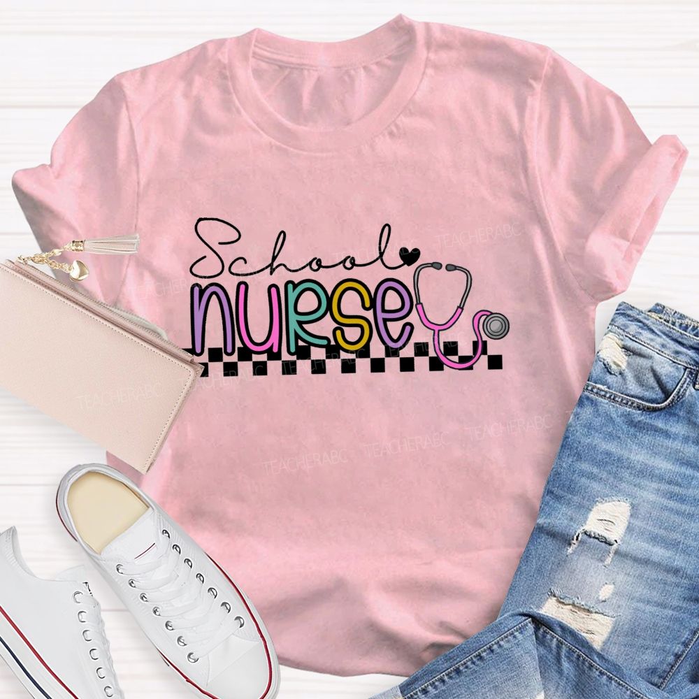 School Nurse Stethoscope Checkerboard T-shirt