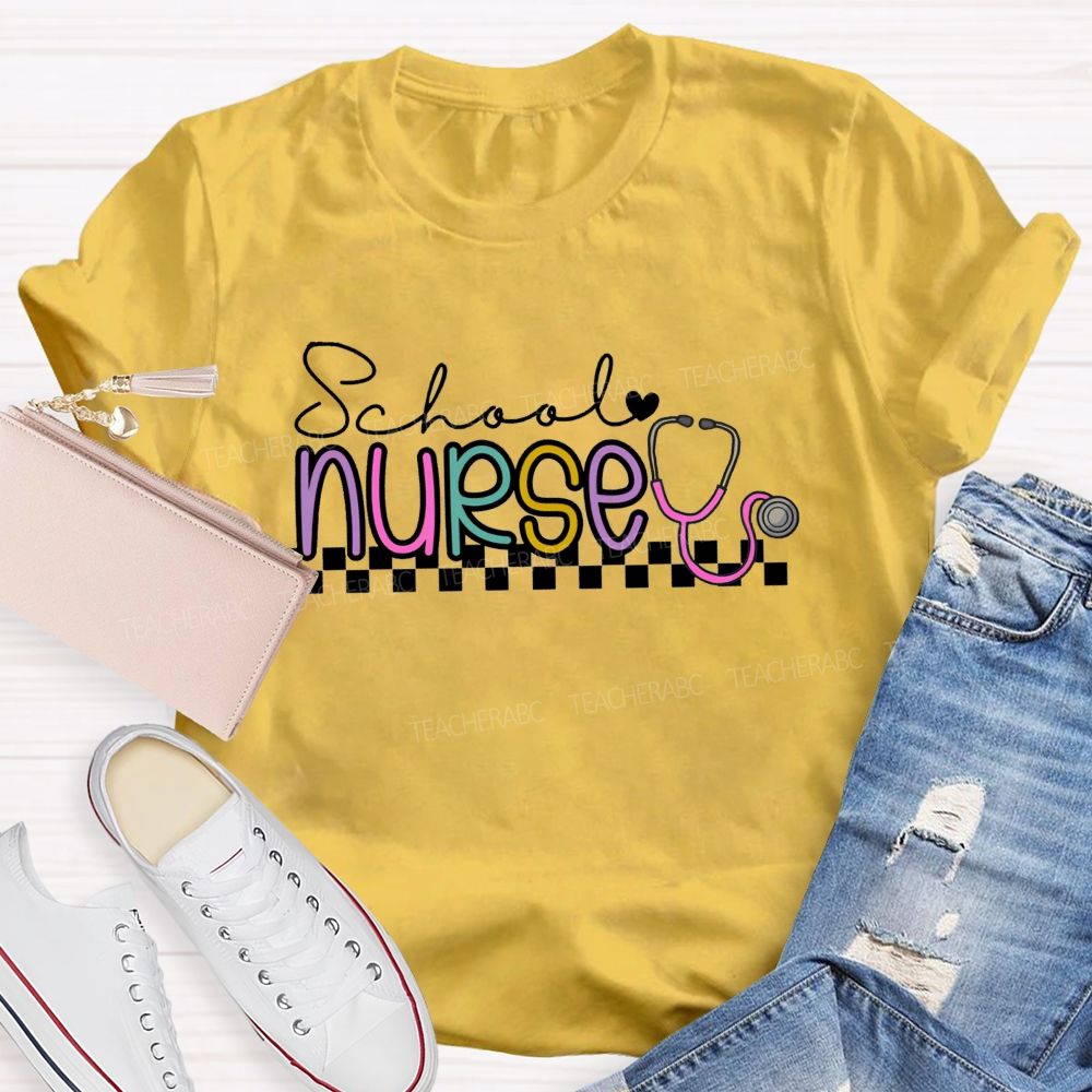 School Nurse Stethoscope Checkerboard T-shirt