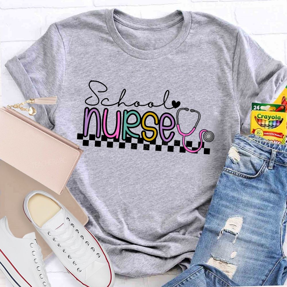 School Nurse Stethoscope Checkerboard T-shirt