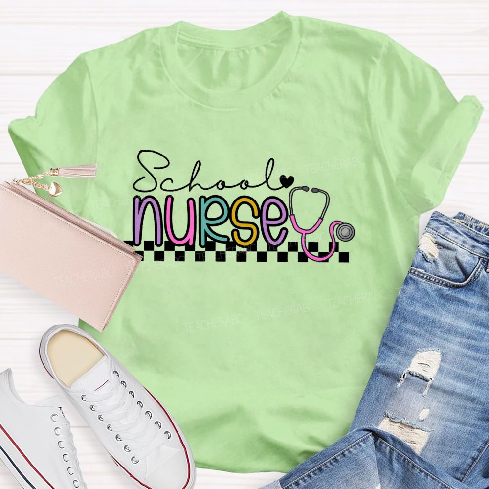 School Nurse Stethoscope Checkerboard T-shirt