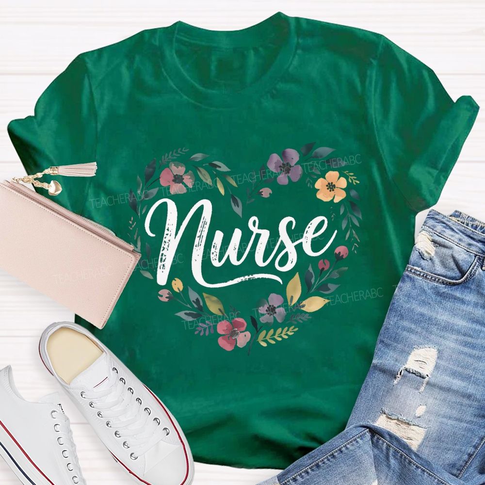 School Nurse Floral Wildflower Heart T-shirt