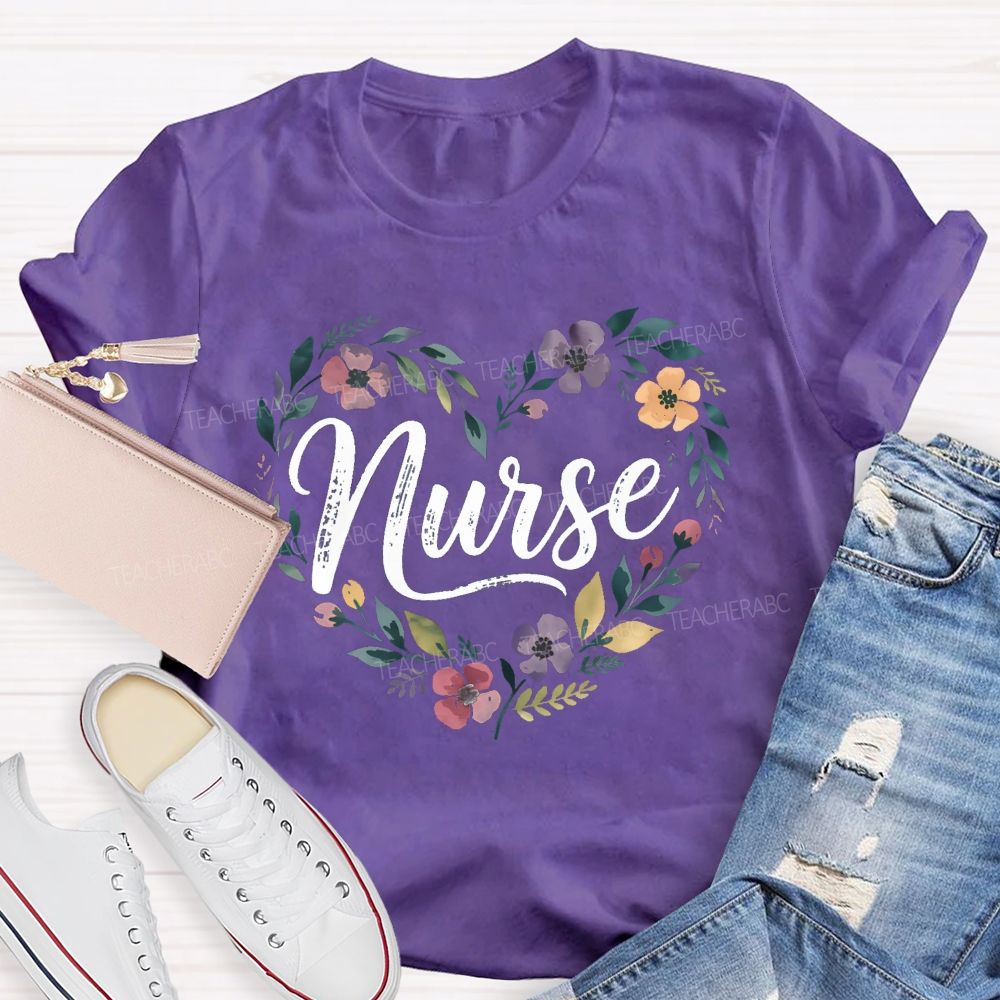 School Nurse Floral Wildflower Heart T-shirt