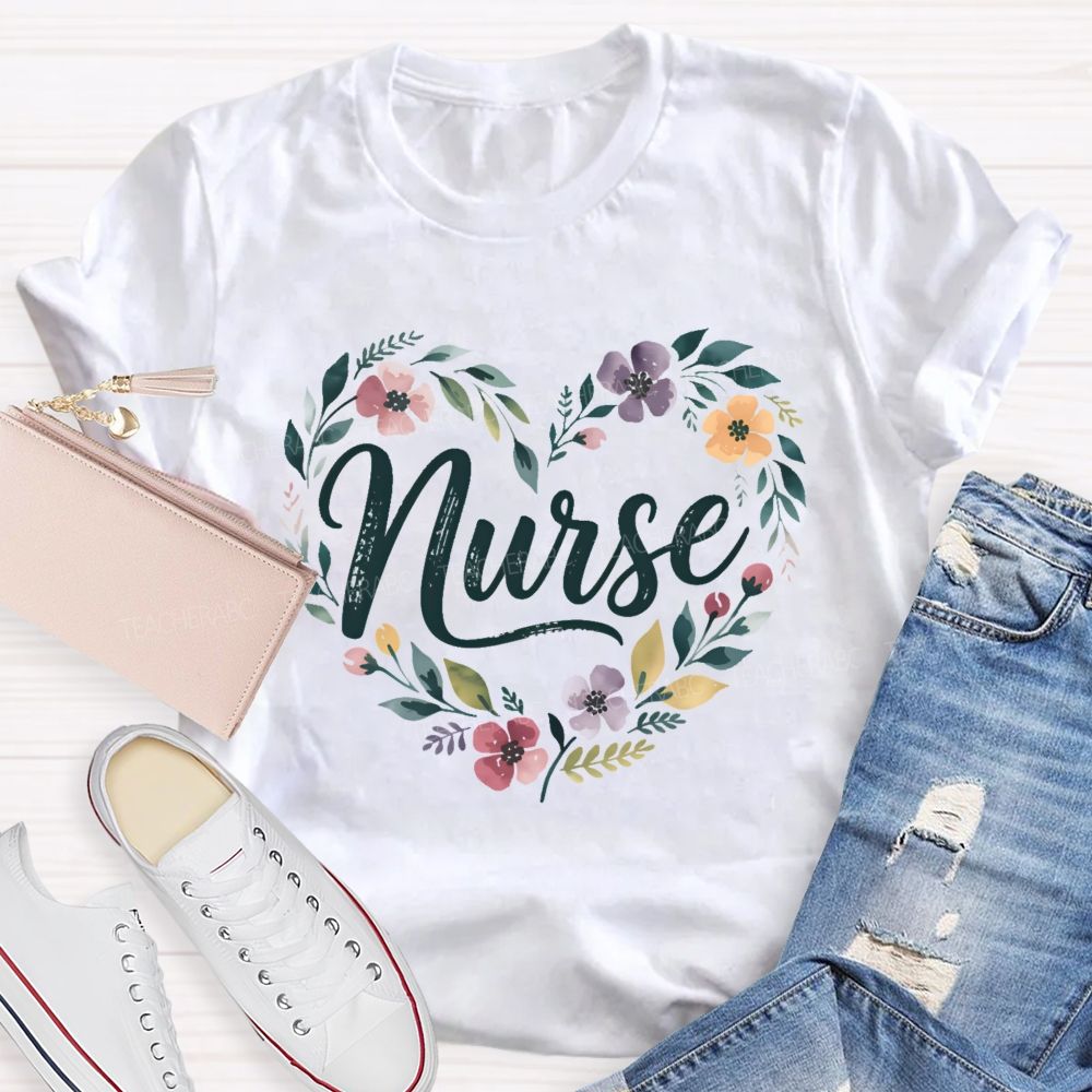 School Nurse Floral Wildflower Heart T-shirt