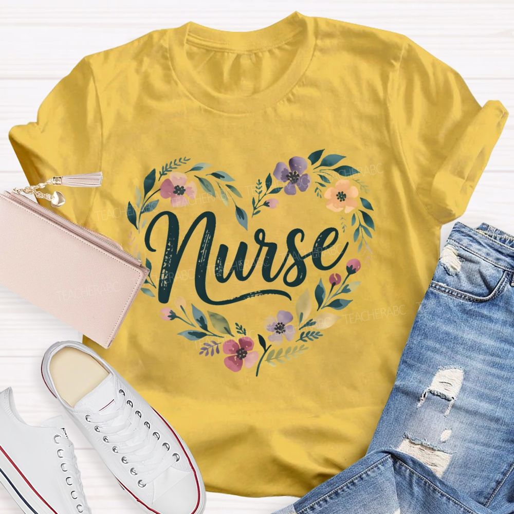 School Nurse Floral Wildflower Heart T-shirt