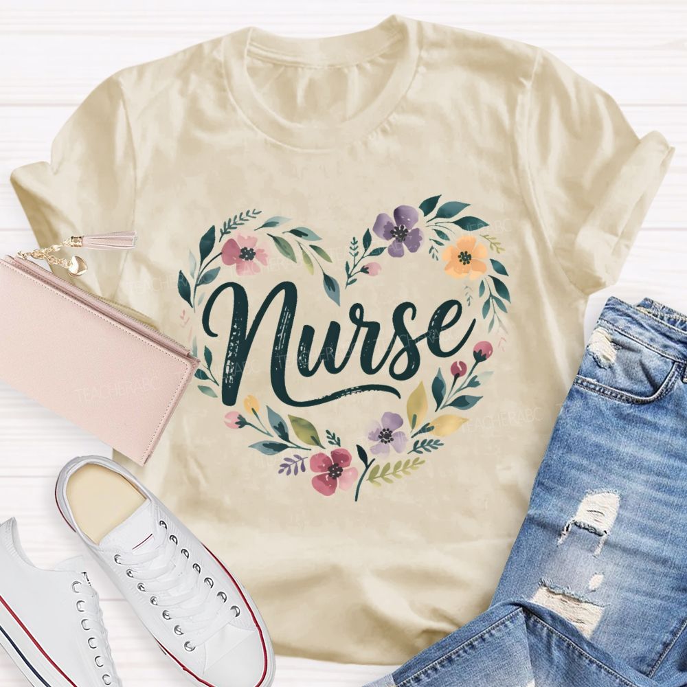 School Nurse Floral Wildflower Heart T-shirt