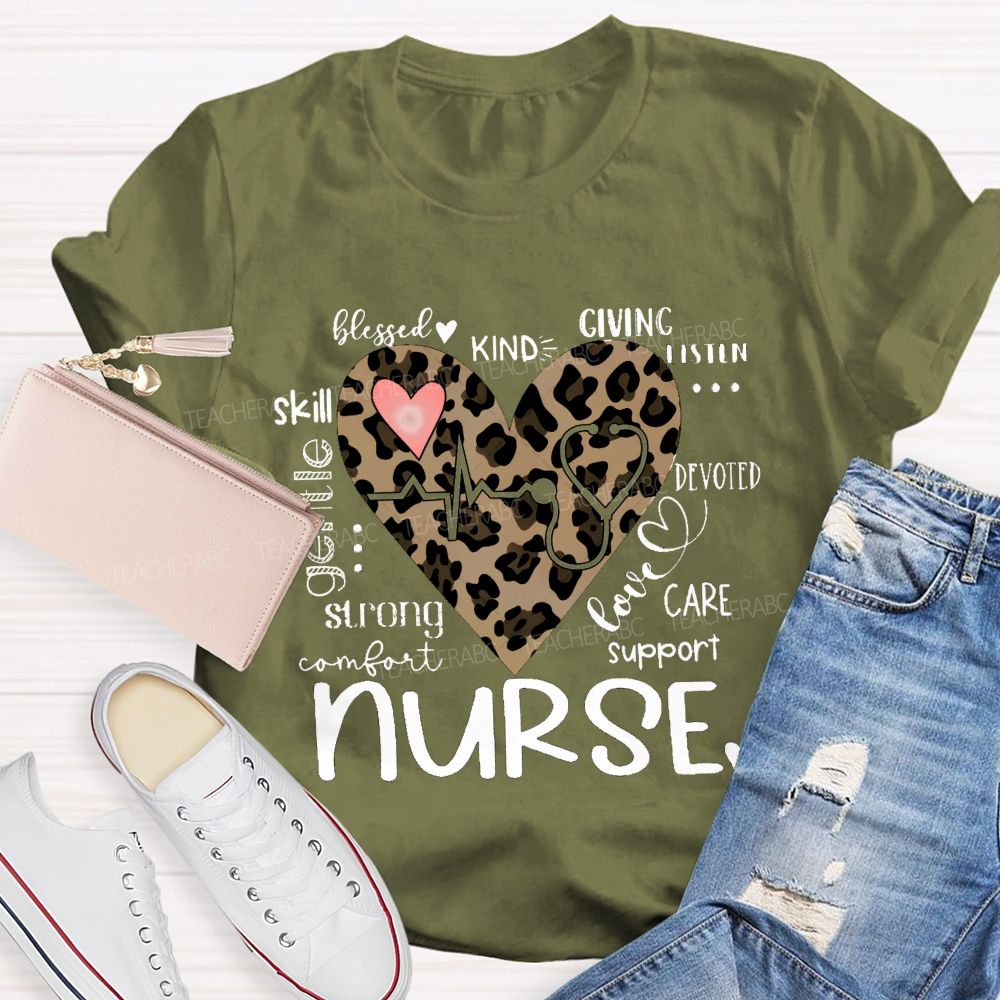 Nurse Blessed Kind Strong Leopard Heart T-shirt