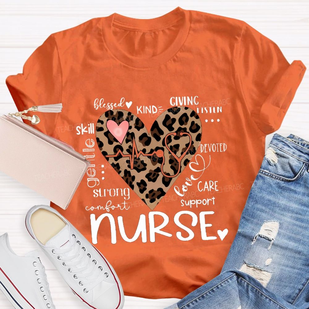 Nurse Blessed Kind Strong Leopard Heart T-shirt