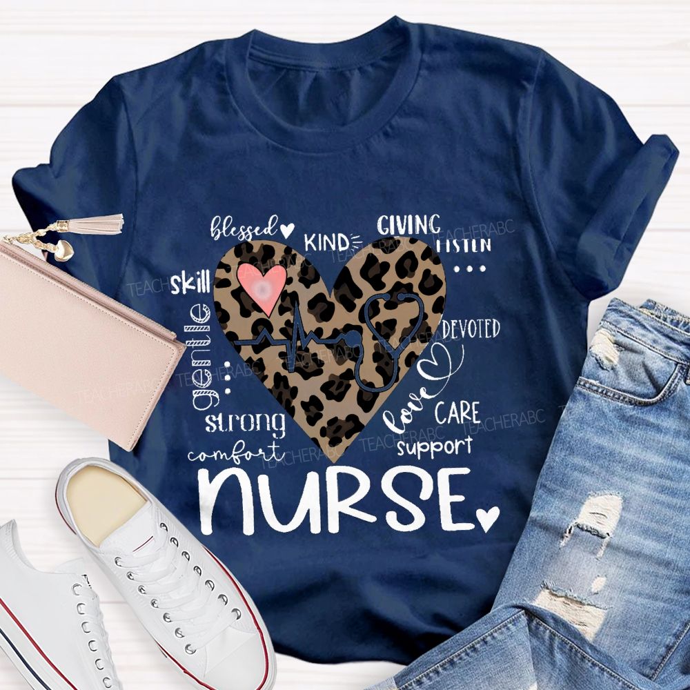 Nurse Blessed Kind Strong Leopard Heart T-shirt