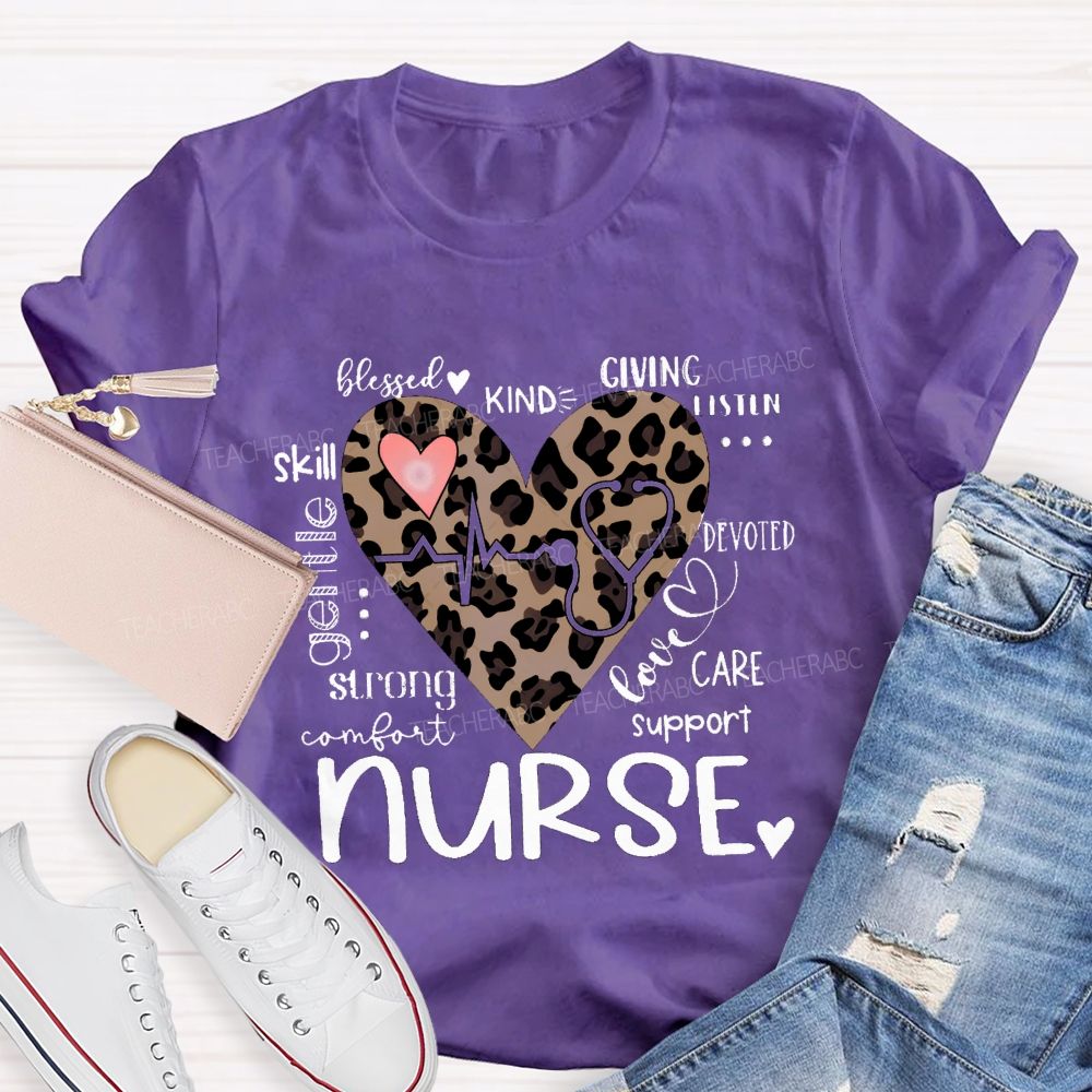 Nurse Blessed Kind Strong Leopard Heart T-shirt