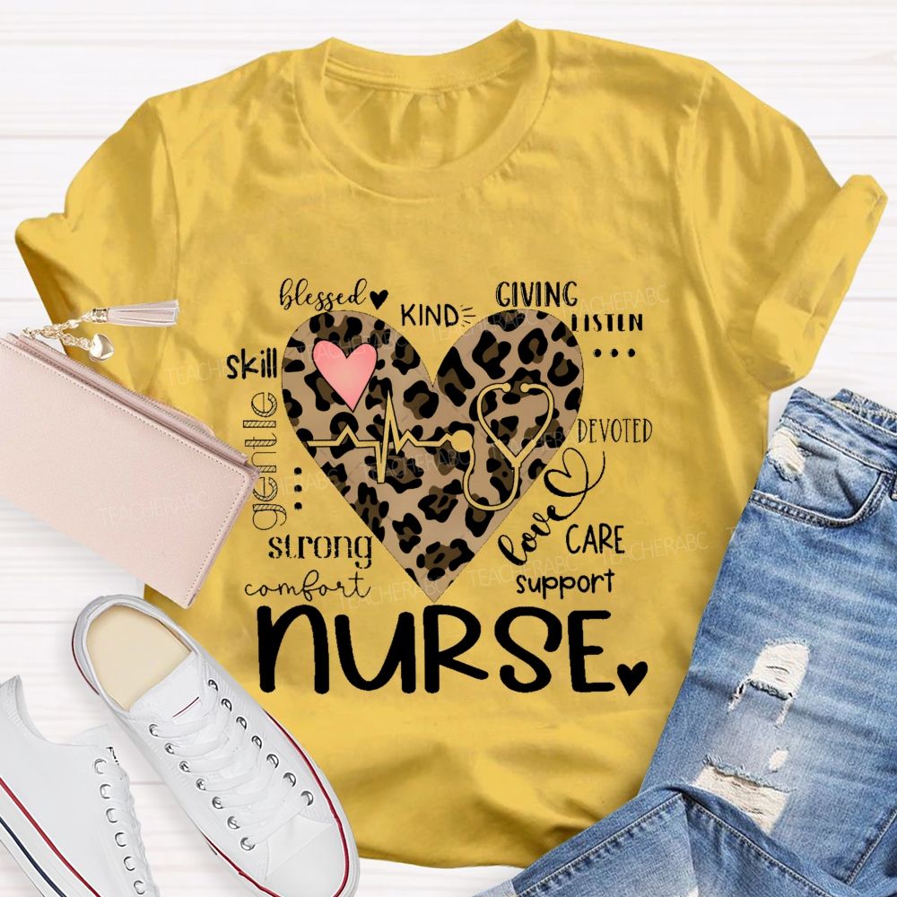 Nurse Blessed Kind Strong Leopard Heart T-shirt