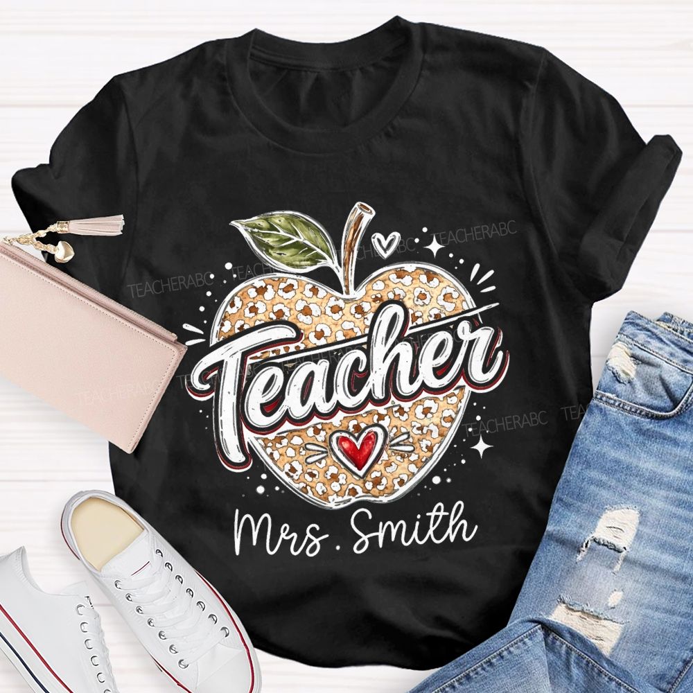 Personalized Name Leopard Apple Teacher T-shirt