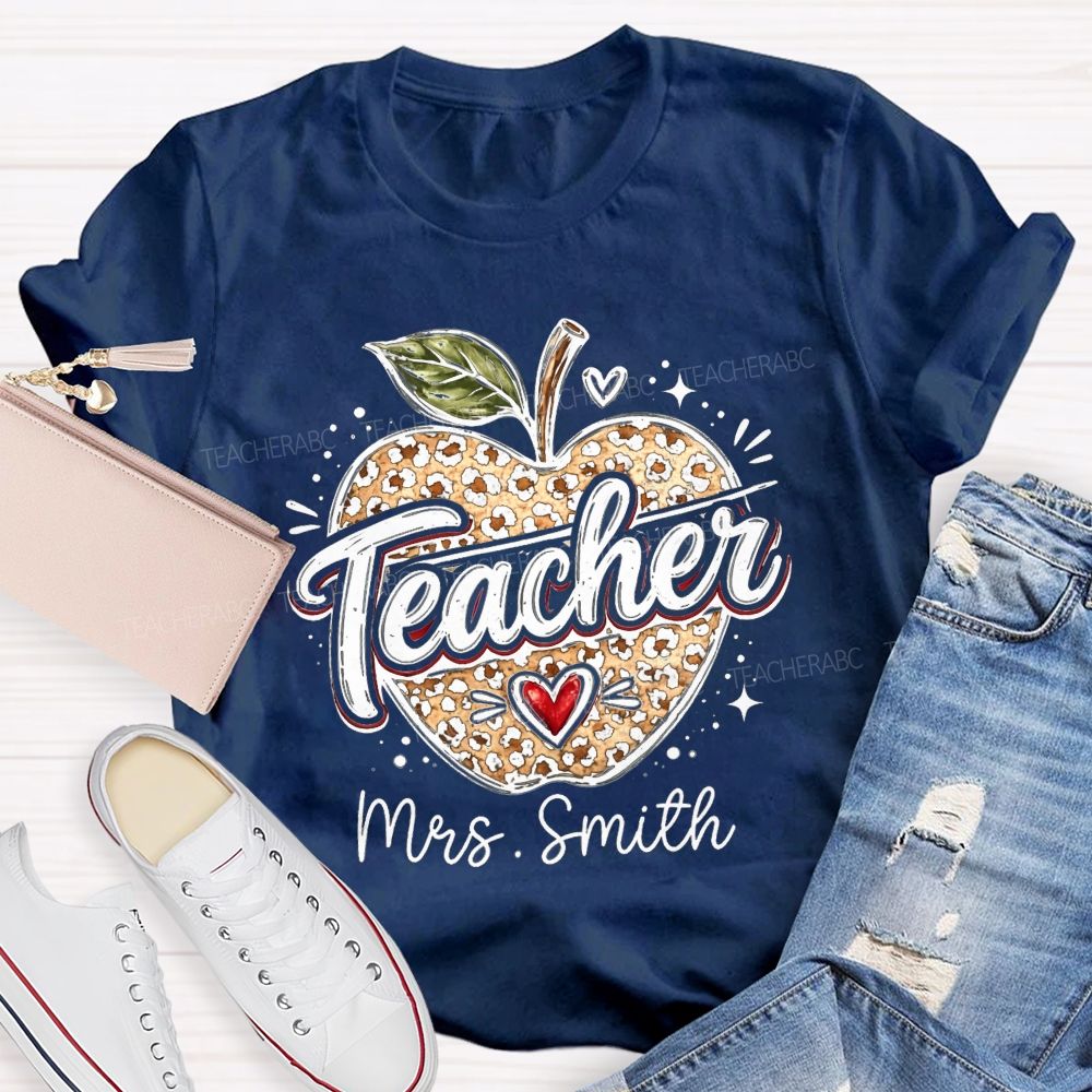 Personalized Name Leopard Apple Teacher T-shirt
