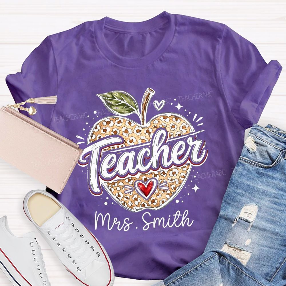 Personalized Name Leopard Apple Teacher T-shirt