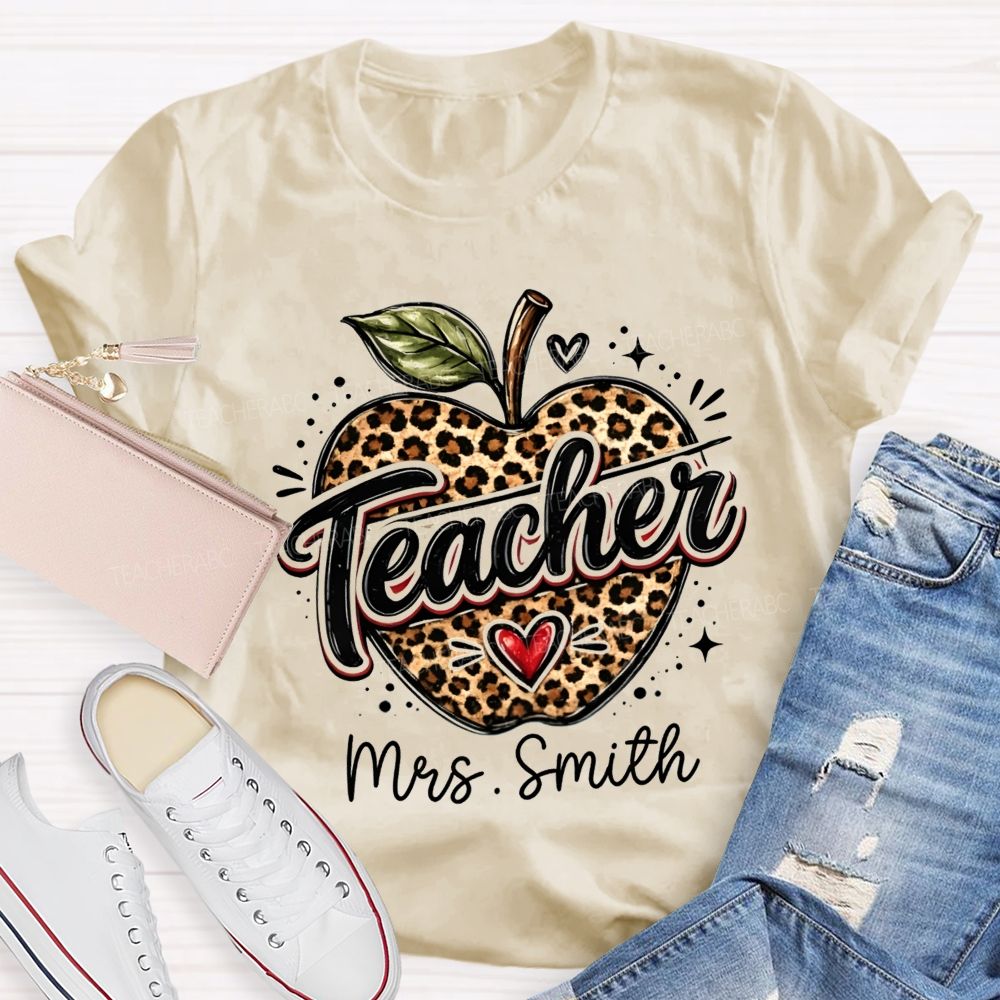 Personalized Name Leopard Apple Teacher T-shirt