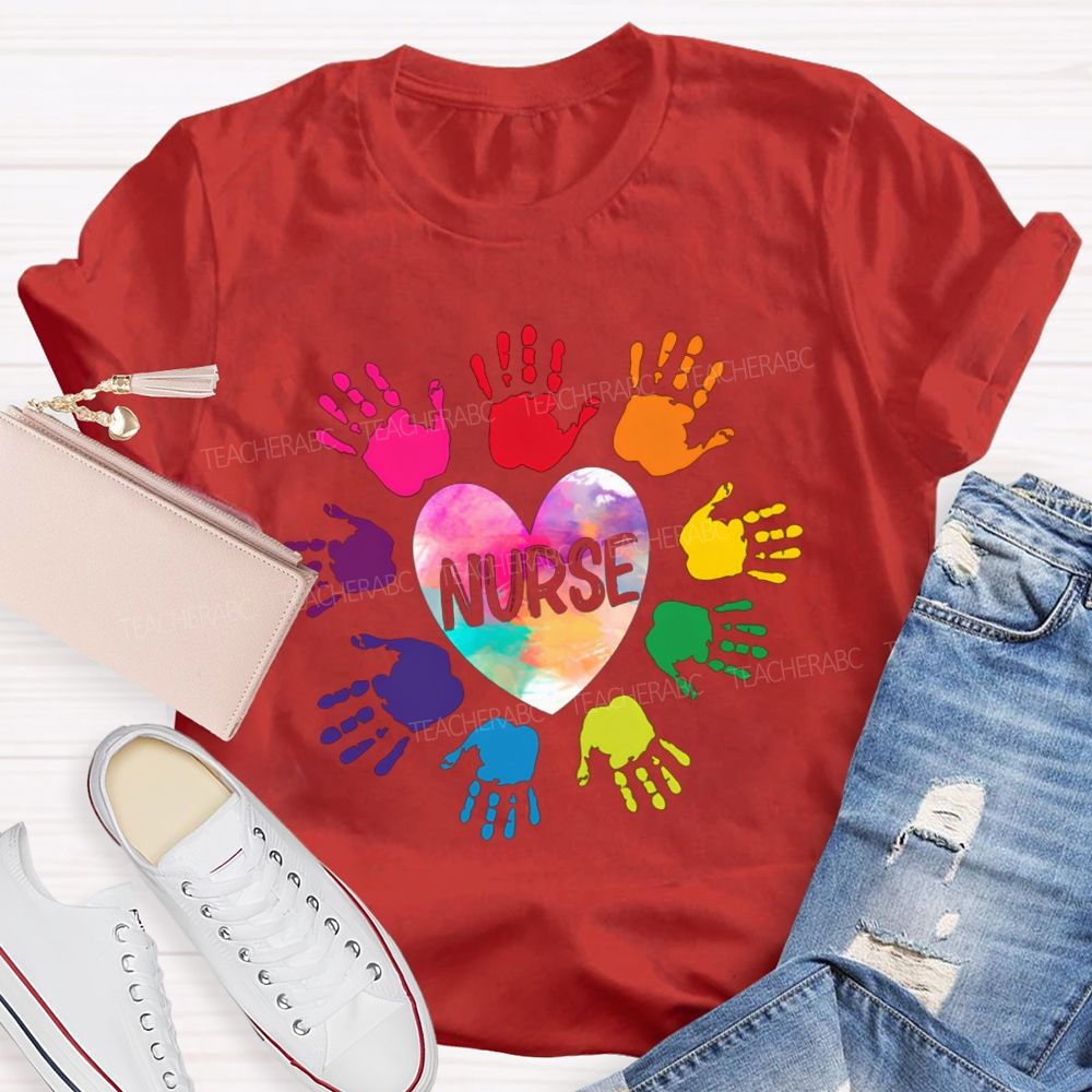 Rainbow Handprint Heart Nurse T-shirt