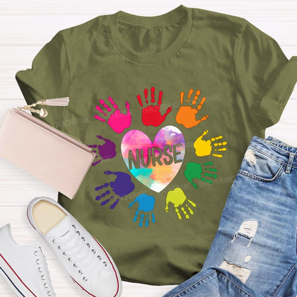 Rainbow Handprint Heart Nurse T-shirt