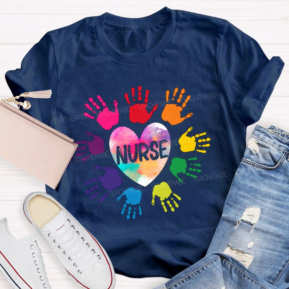 Rainbow Handprint Heart Nurse T-shirt