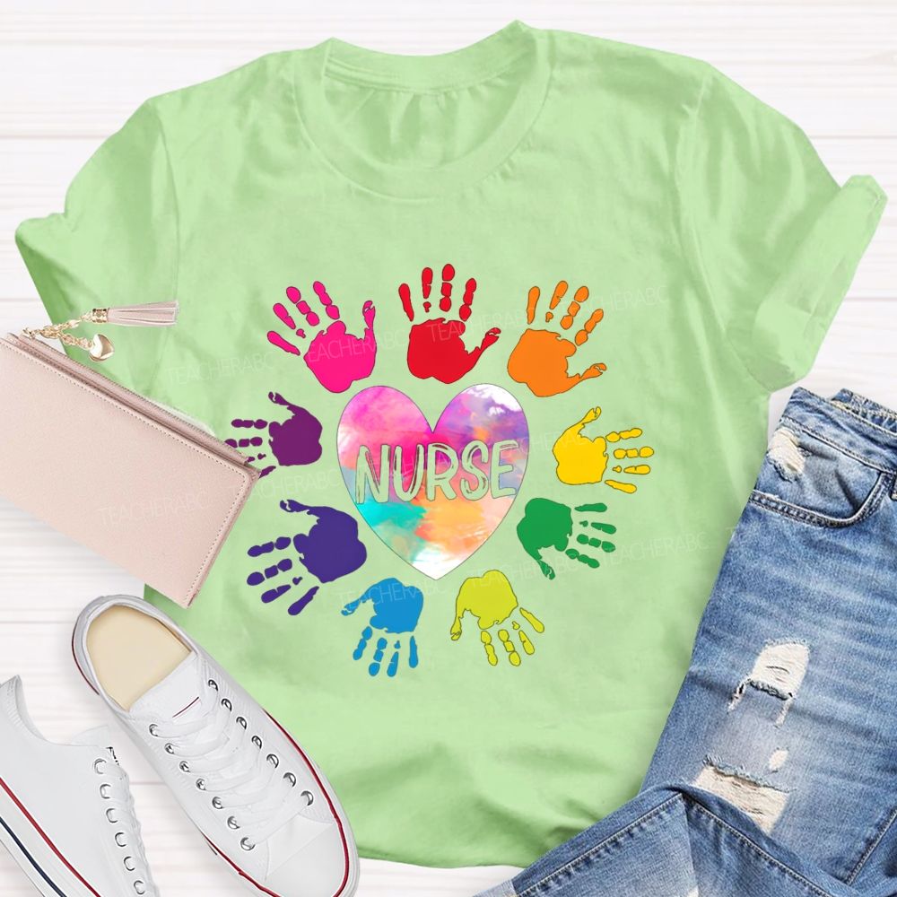 Rainbow Handprint Heart Nurse T-shirt