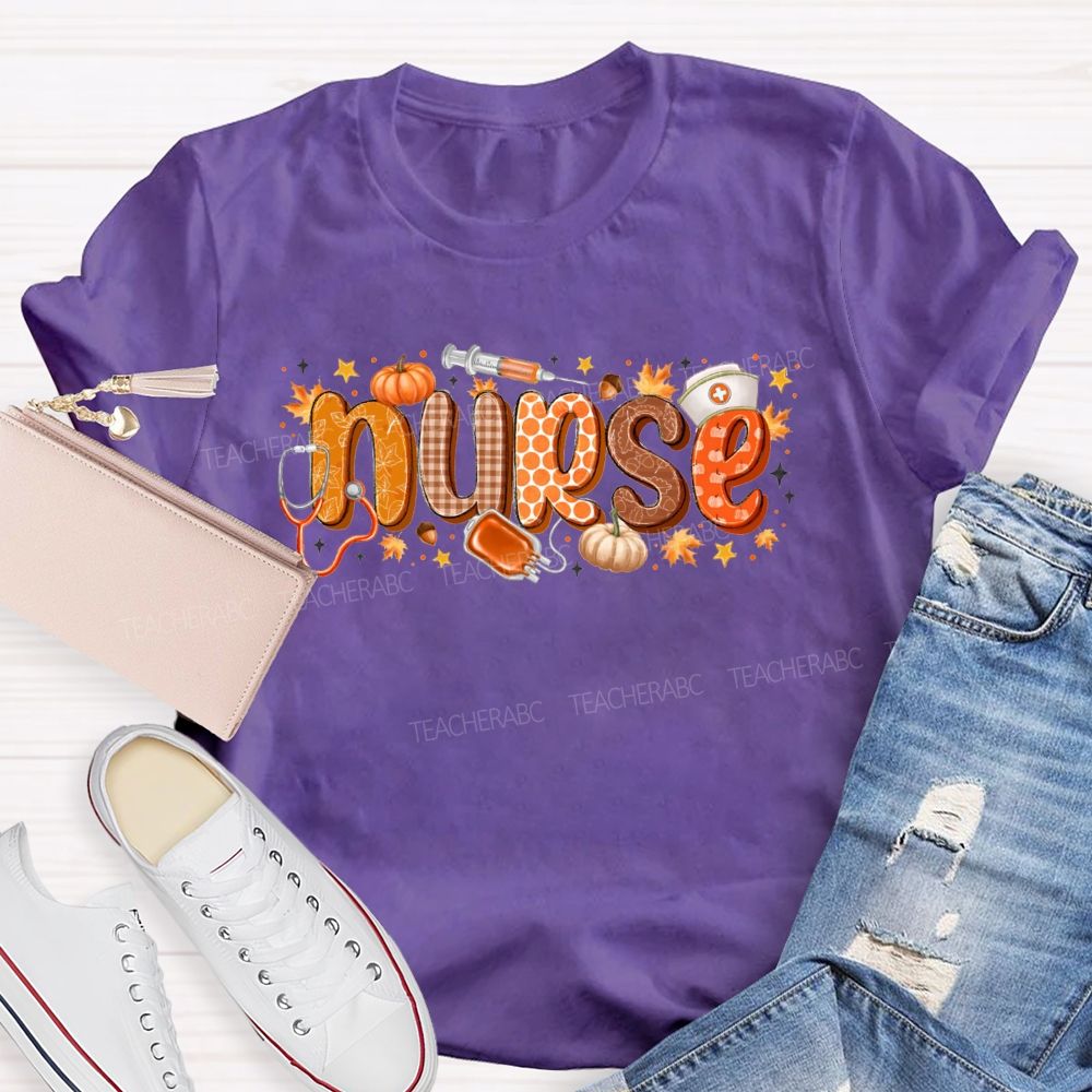 Nurse Life Autumn Pumpkin Maple Leaf Stethoscope T-shirt