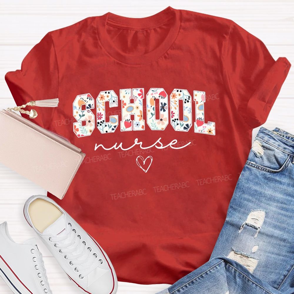 Flower Print School Nurse Heart T-shirt