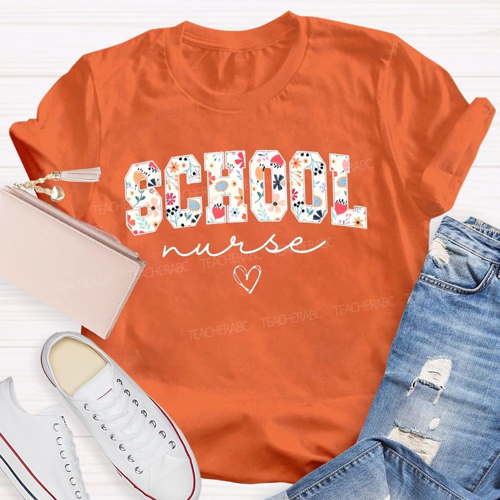 Flower Print School Nurse Heart T-shirt