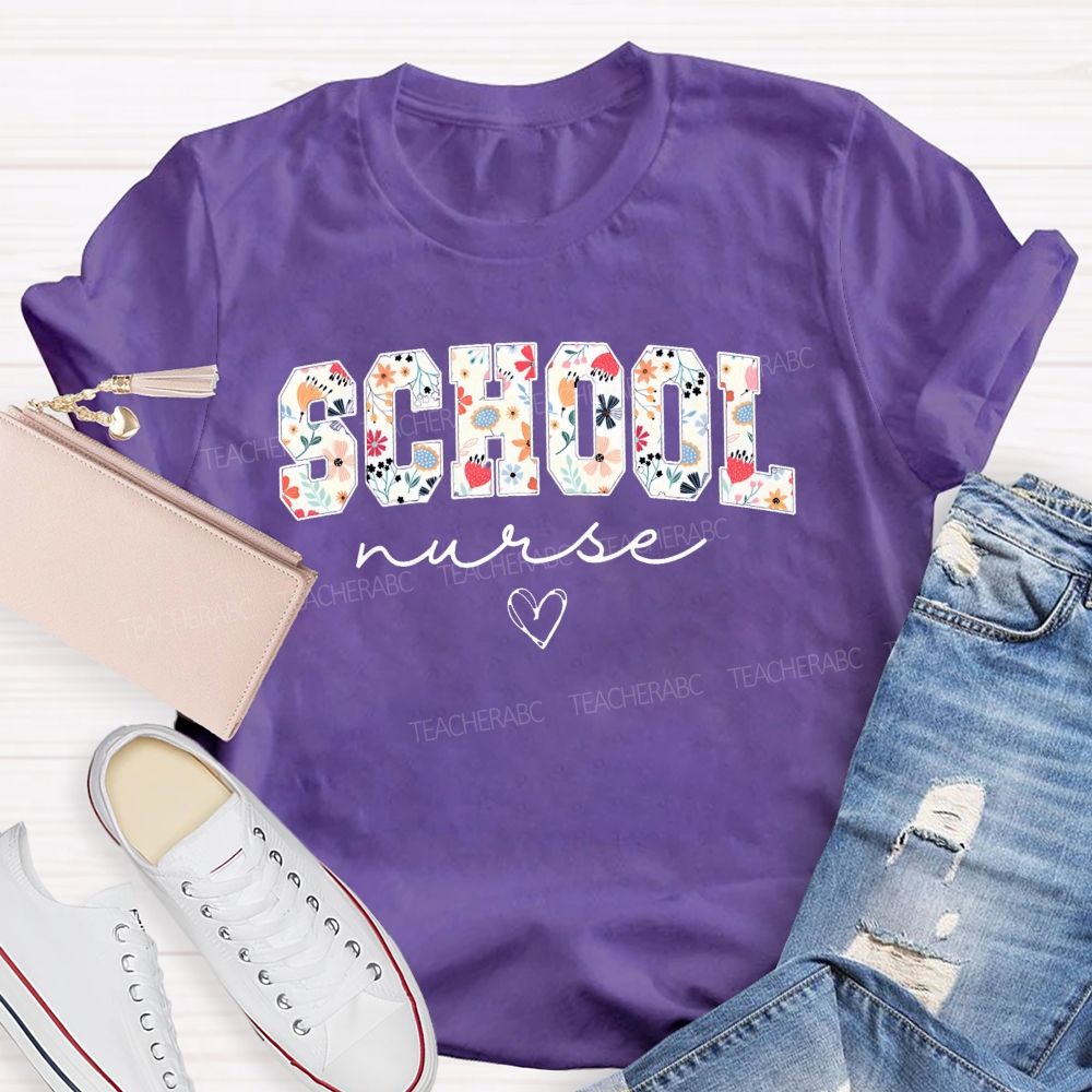 Flower Print School Nurse Heart T-shirt