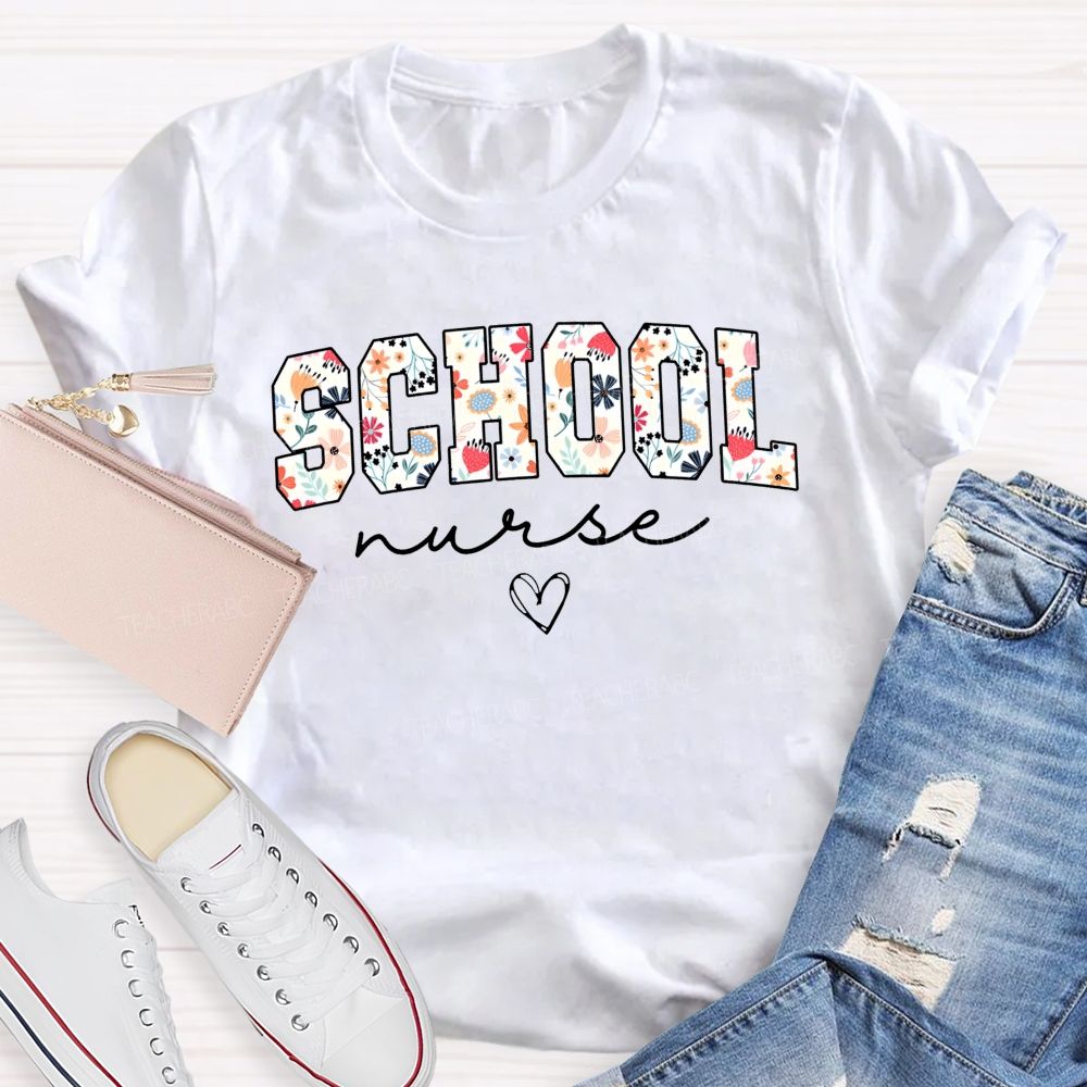 Flower Print School Nurse Heart T-shirt