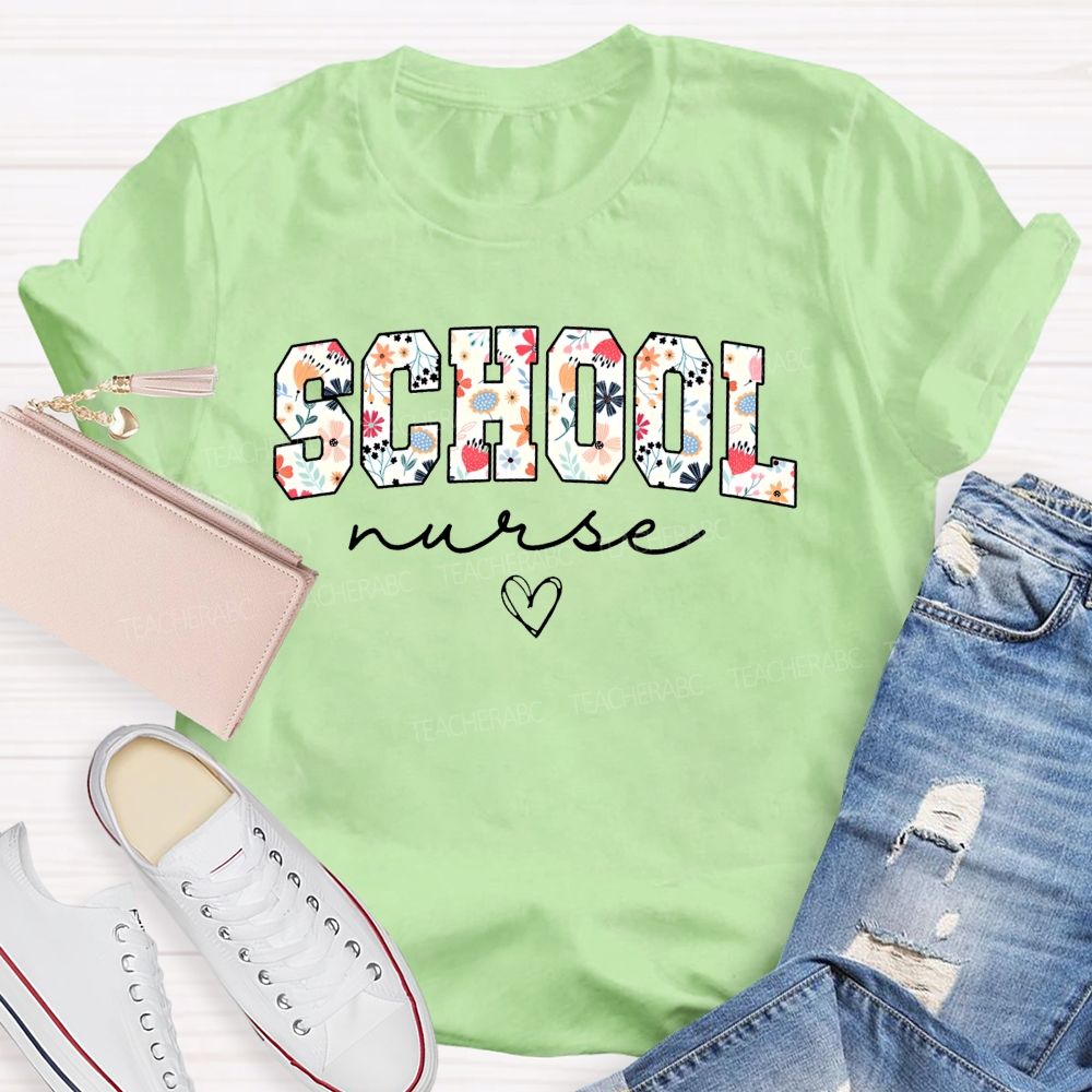 Flower Print School Nurse Heart T-shirt