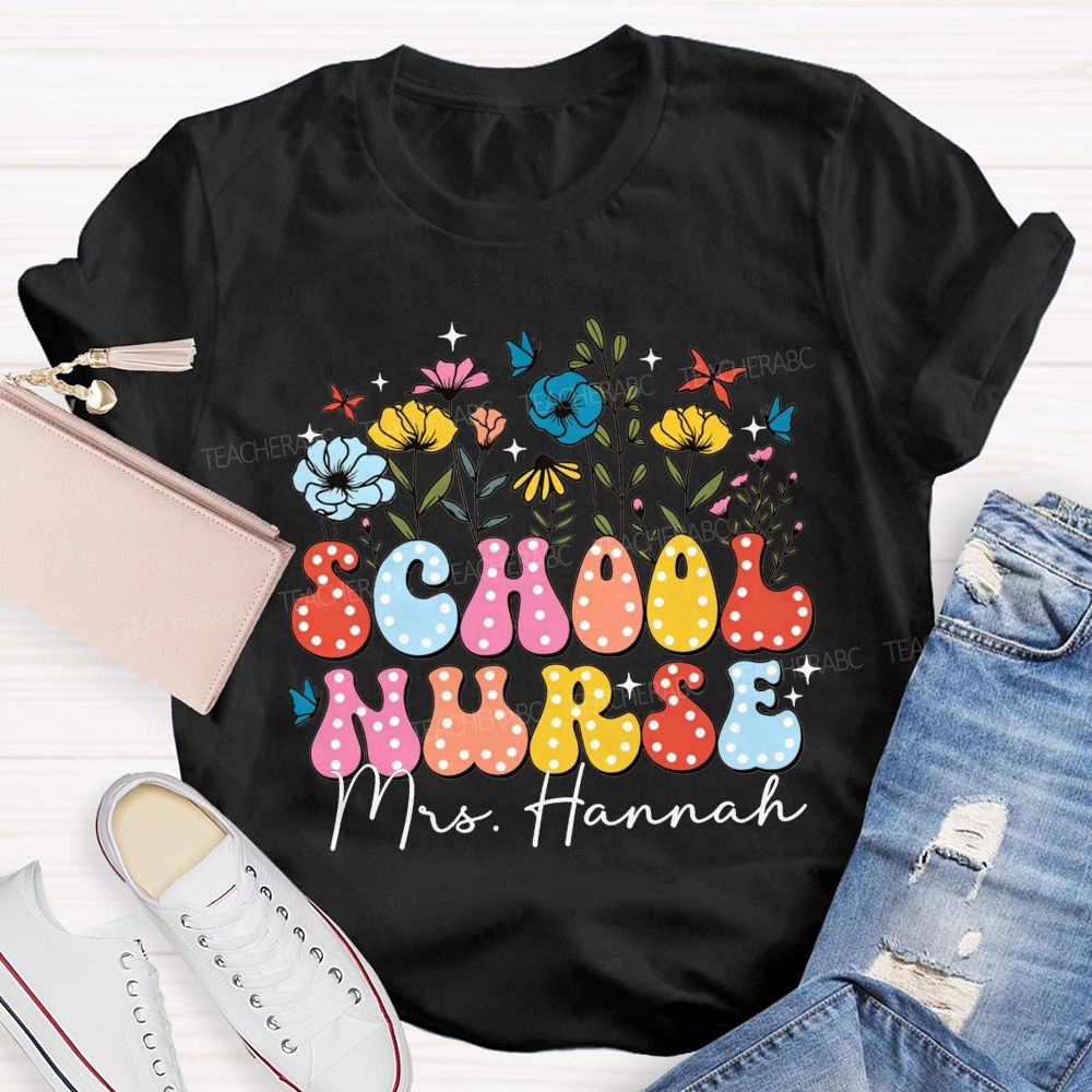 Personalized Name School Nurse Polka Dot Floral Butterfly T-shirt