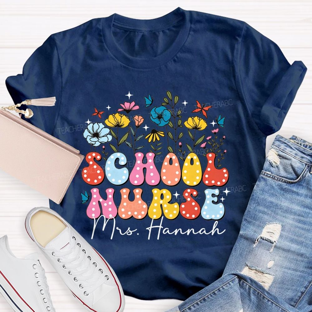 Personalized Name School Nurse Polka Dot Floral Butterfly T-shirt