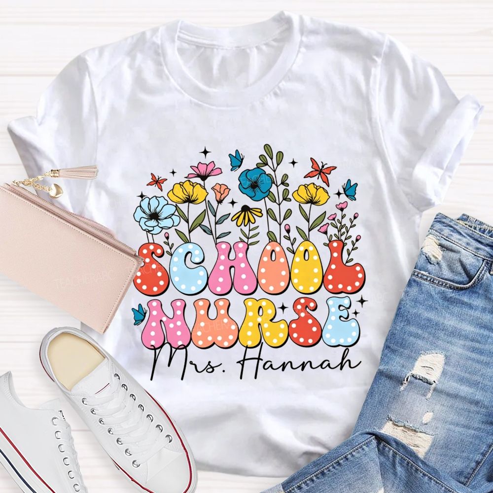 Personalized Name School Nurse Polka Dot Floral Butterfly T-shirt