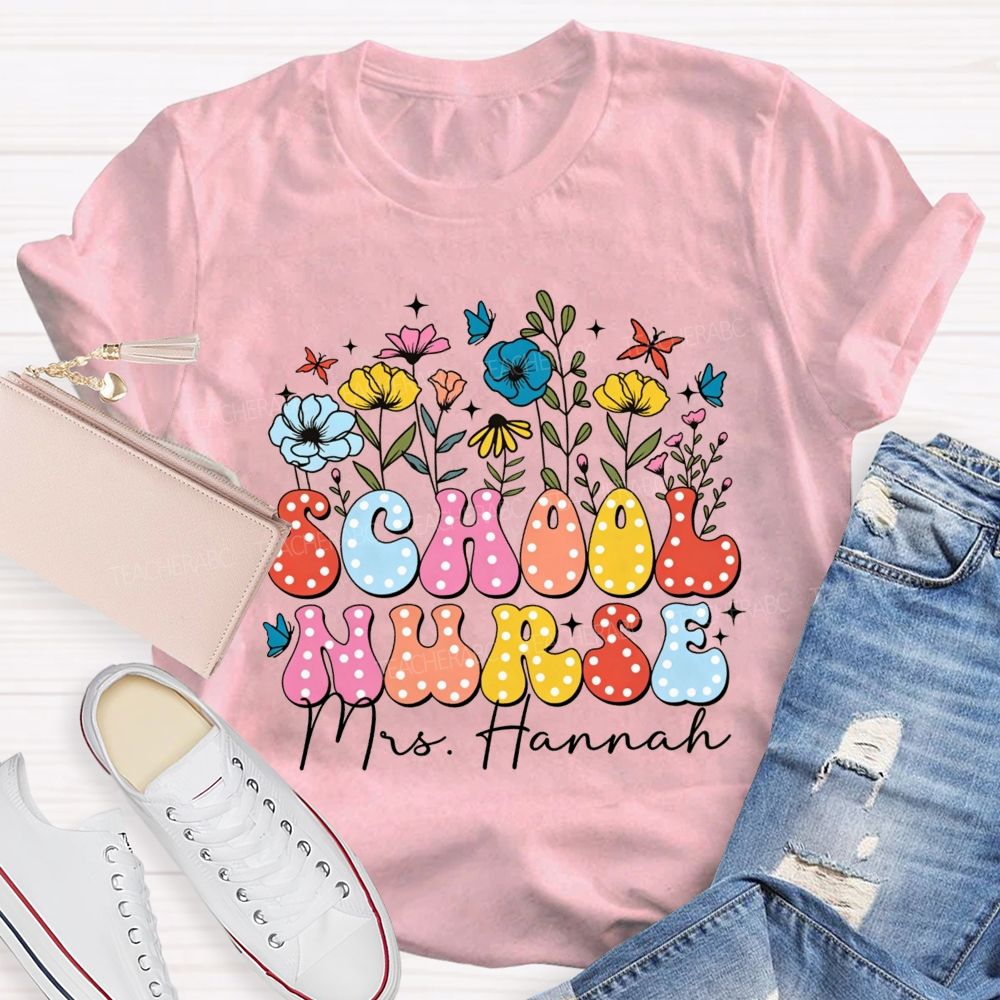 Personalized Name School Nurse Polka Dot Floral Butterfly T-shirt