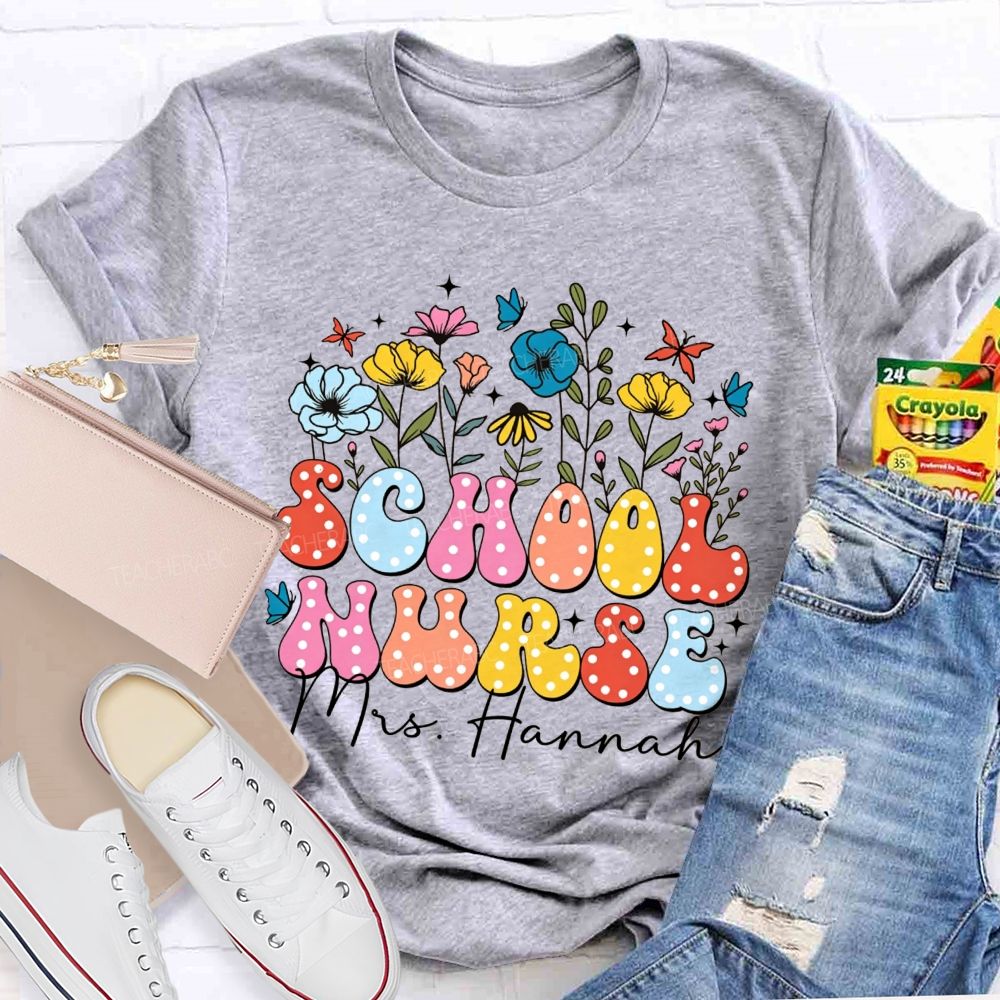 Personalized Name School Nurse Polka Dot Floral Butterfly T-shirt