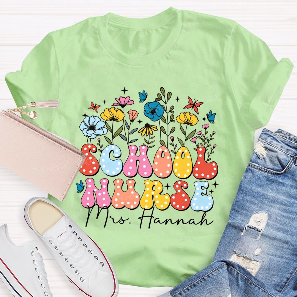 Personalized Name School Nurse Polka Dot Floral Butterfly T-shirt