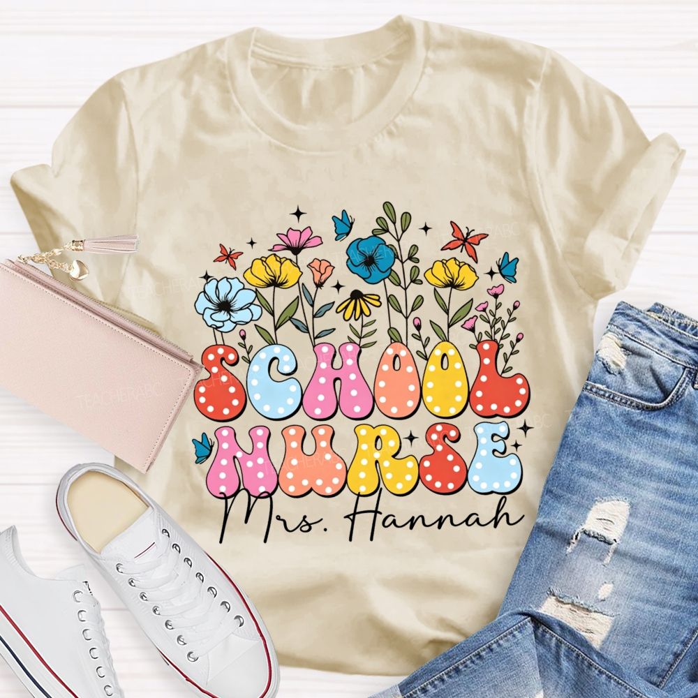 Personalized Name School Nurse Polka Dot Floral Butterfly T-shirt