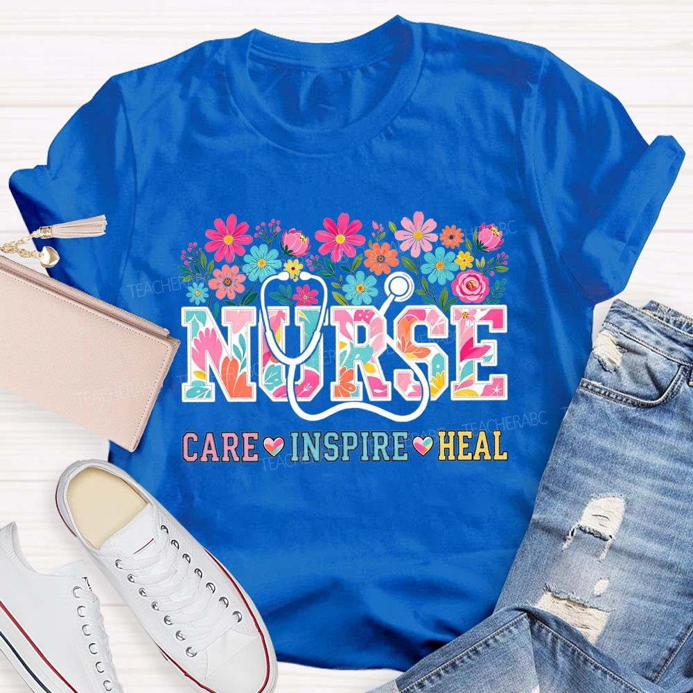 Nurse Care Inspire Heal Stethoscope Wildflower T-shirt