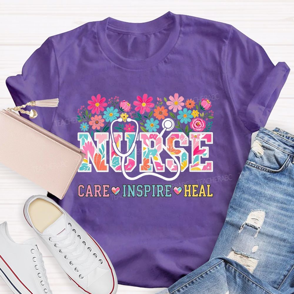 Nurse Care Inspire Heal Stethoscope Wildflower T-shirt