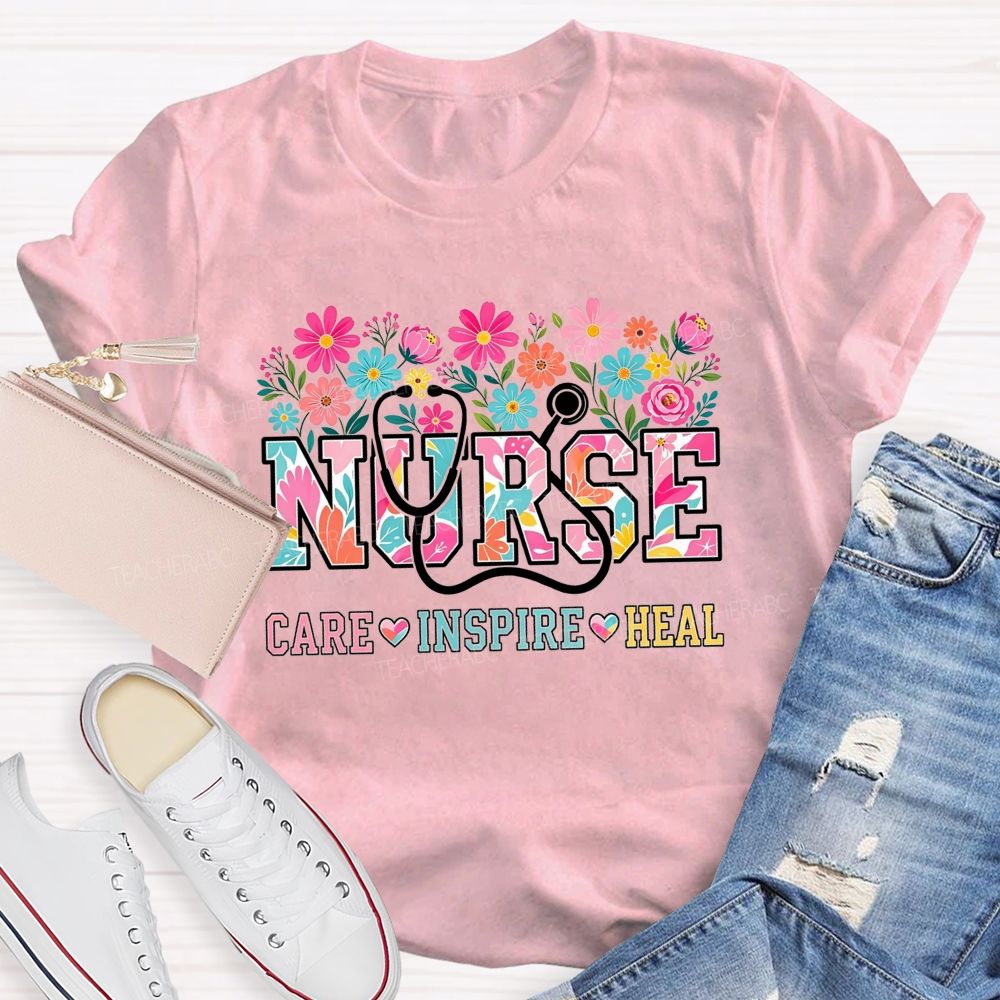 Nurse Care Inspire Heal Stethoscope Wildflower T-shirt