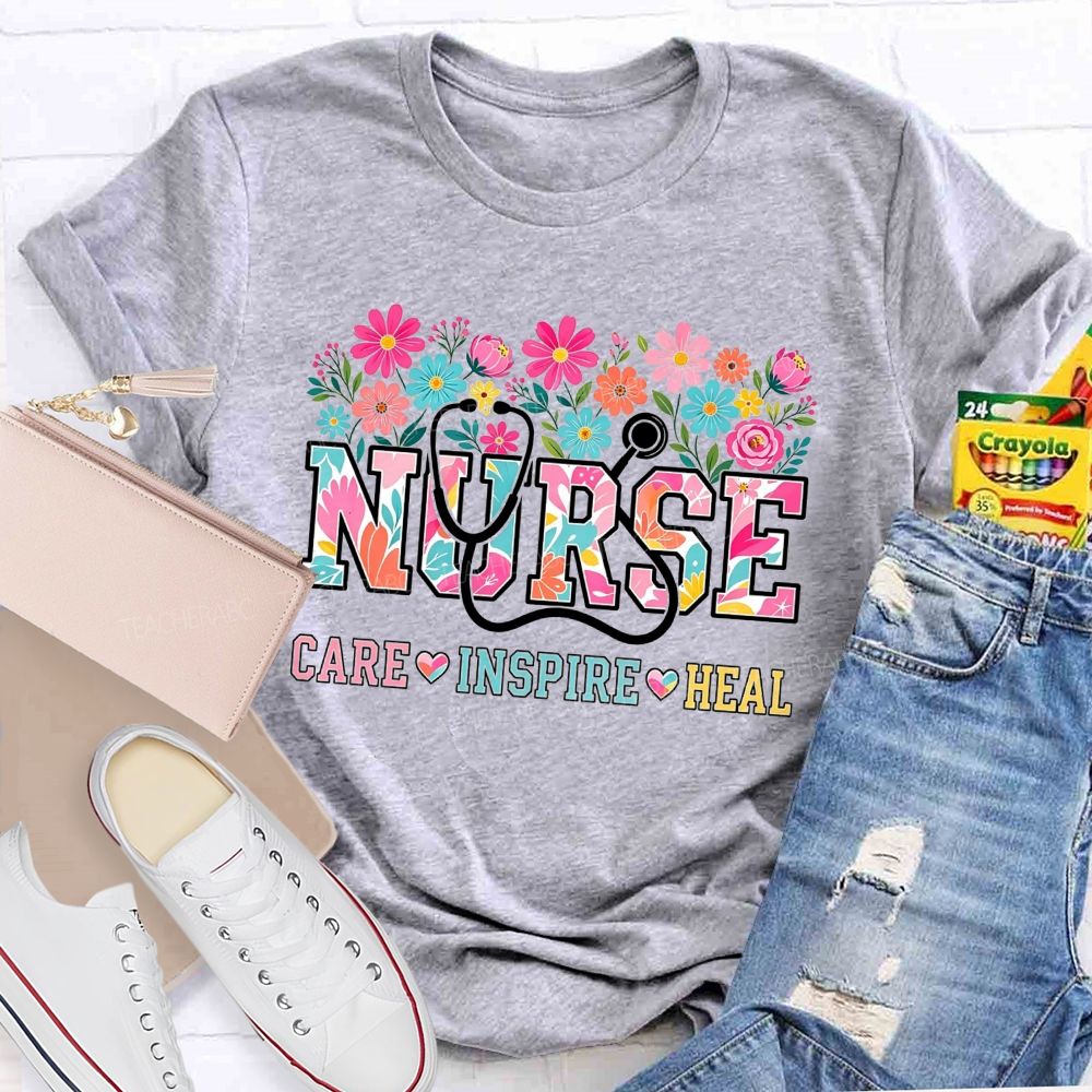 Nurse Care Inspire Heal Stethoscope Wildflower T-shirt