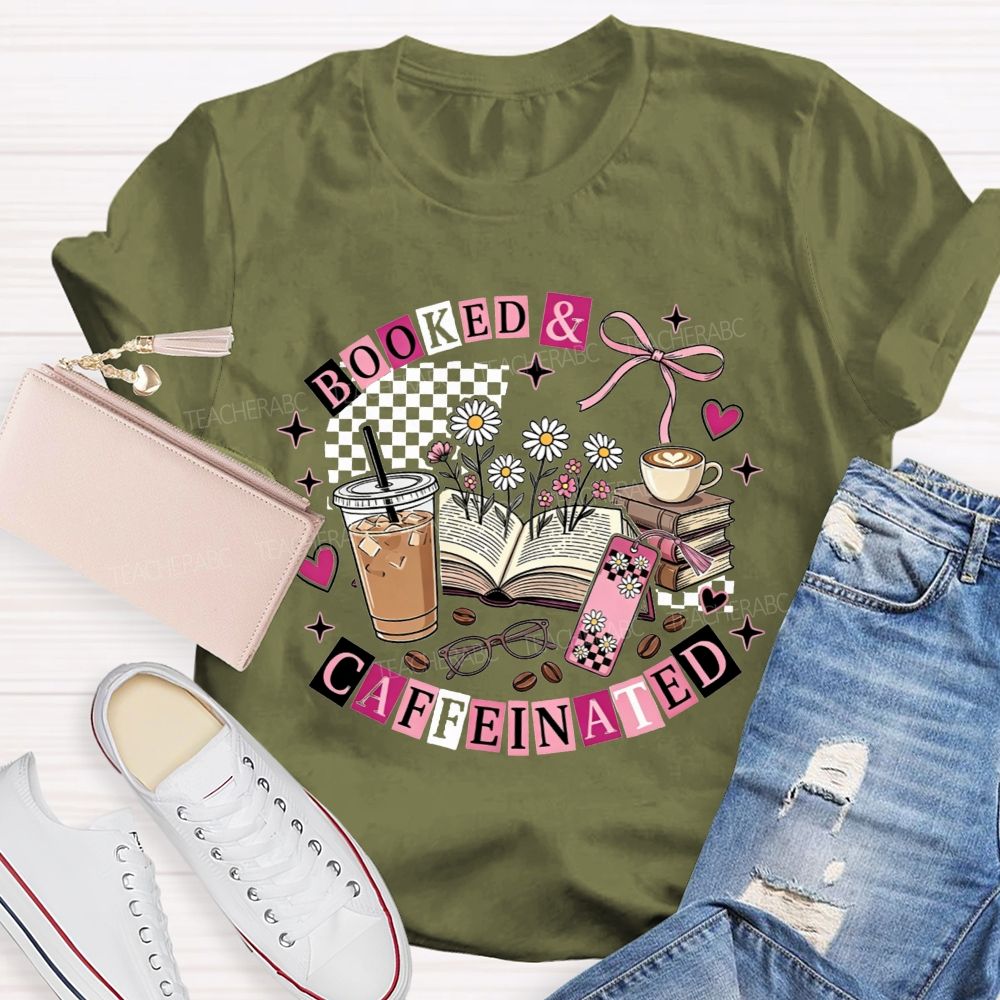 Booked And Caffeinated Book Lover Coffee Checkered Bow Teacher T-shirt