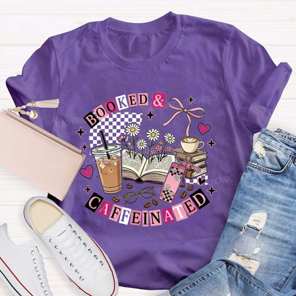 Booked And Caffeinated Book Lover Coffee Checkered Bow Teacher T-shirt