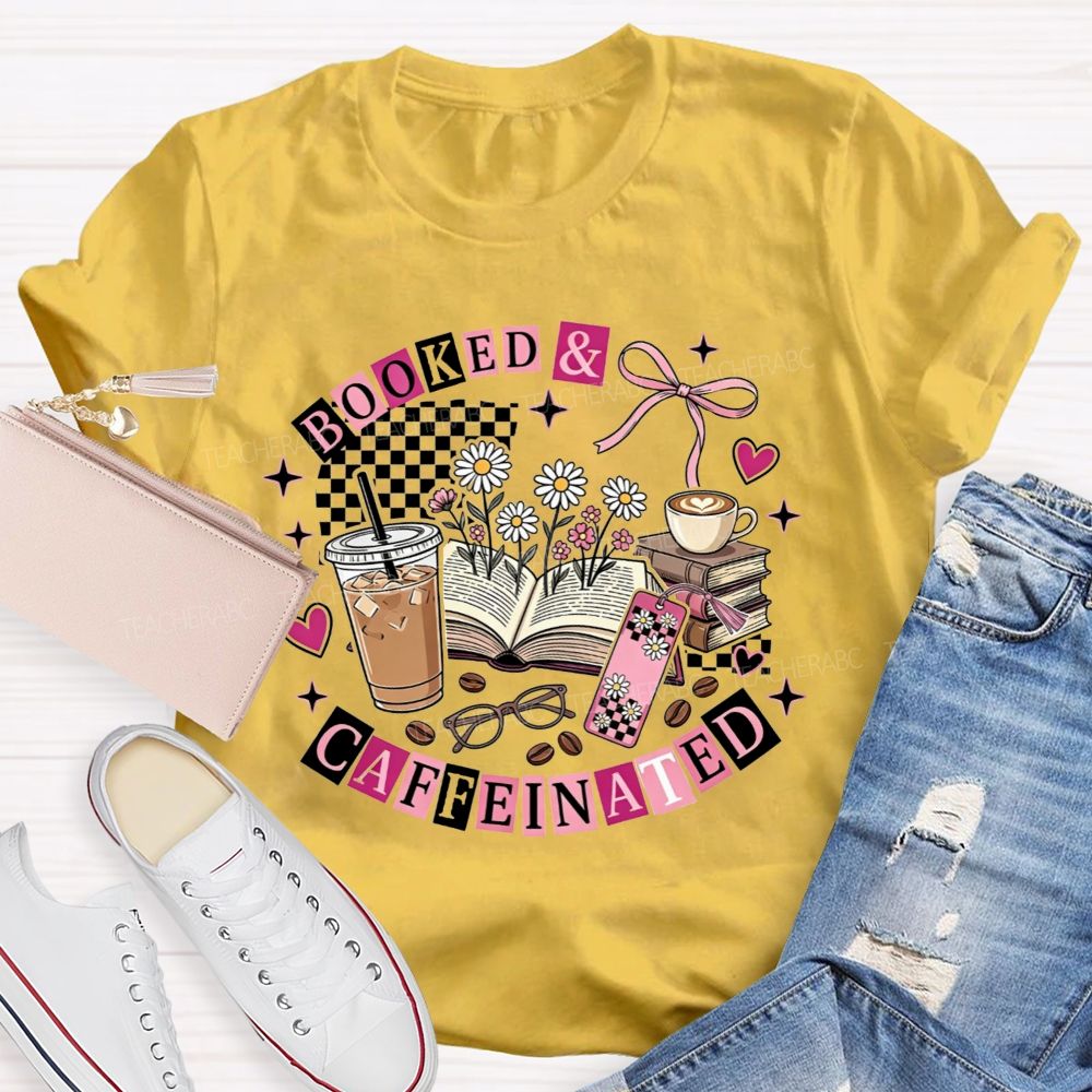 Booked And Caffeinated Book Lover Coffee Checkered Bow Teacher T-shirt