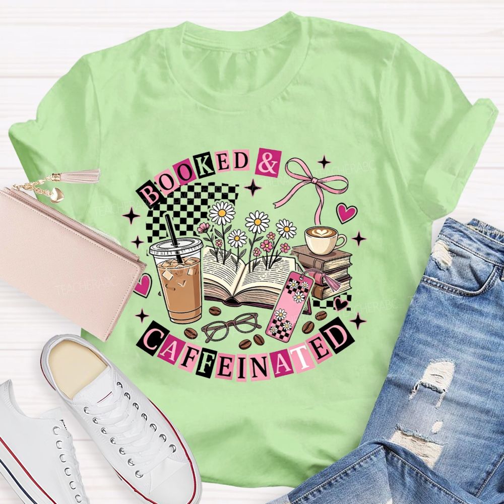 Booked And Caffeinated Book Lover Coffee Checkered Bow Teacher T-shirt