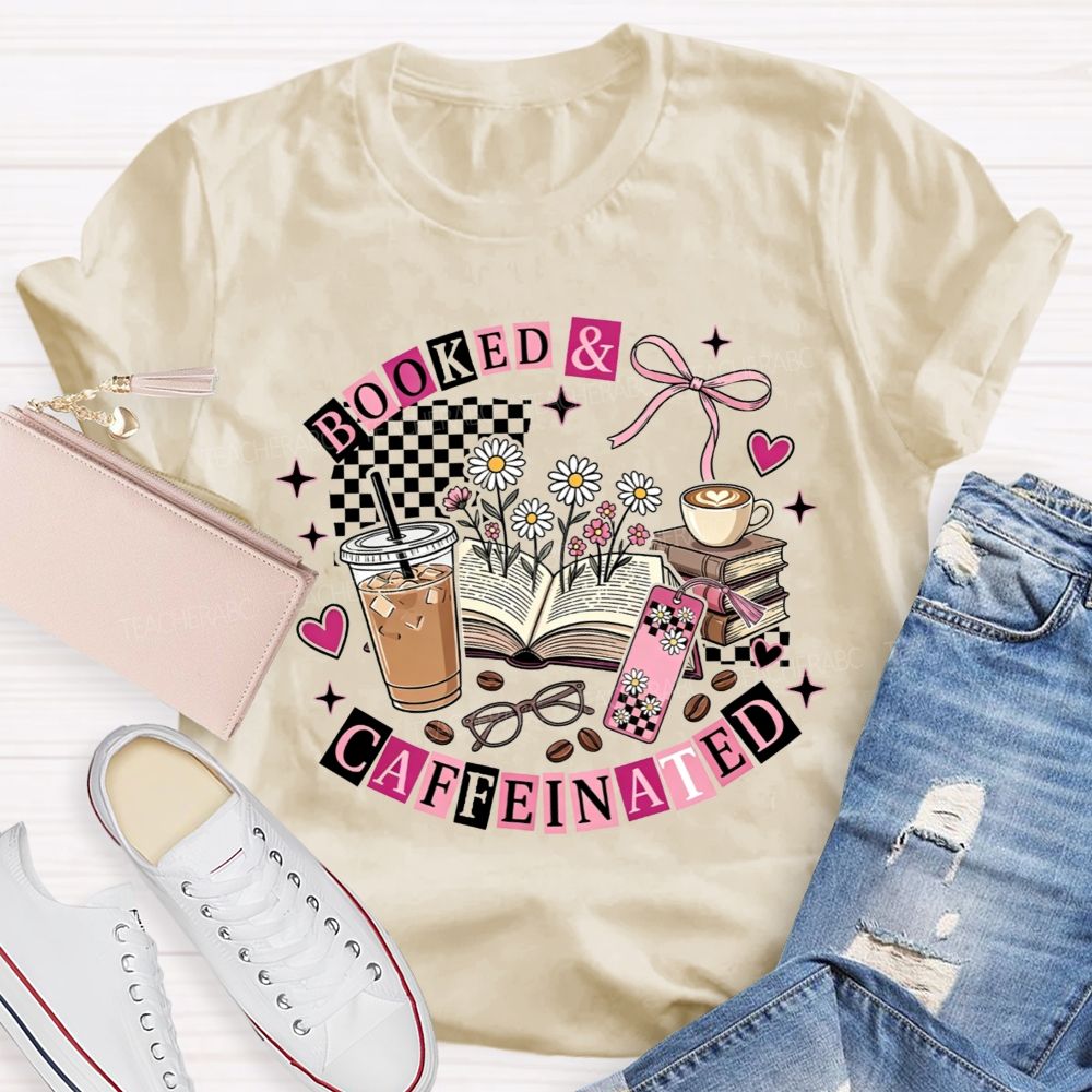 Booked And Caffeinated Book Lover Coffee Checkered Bow Teacher T-shirt